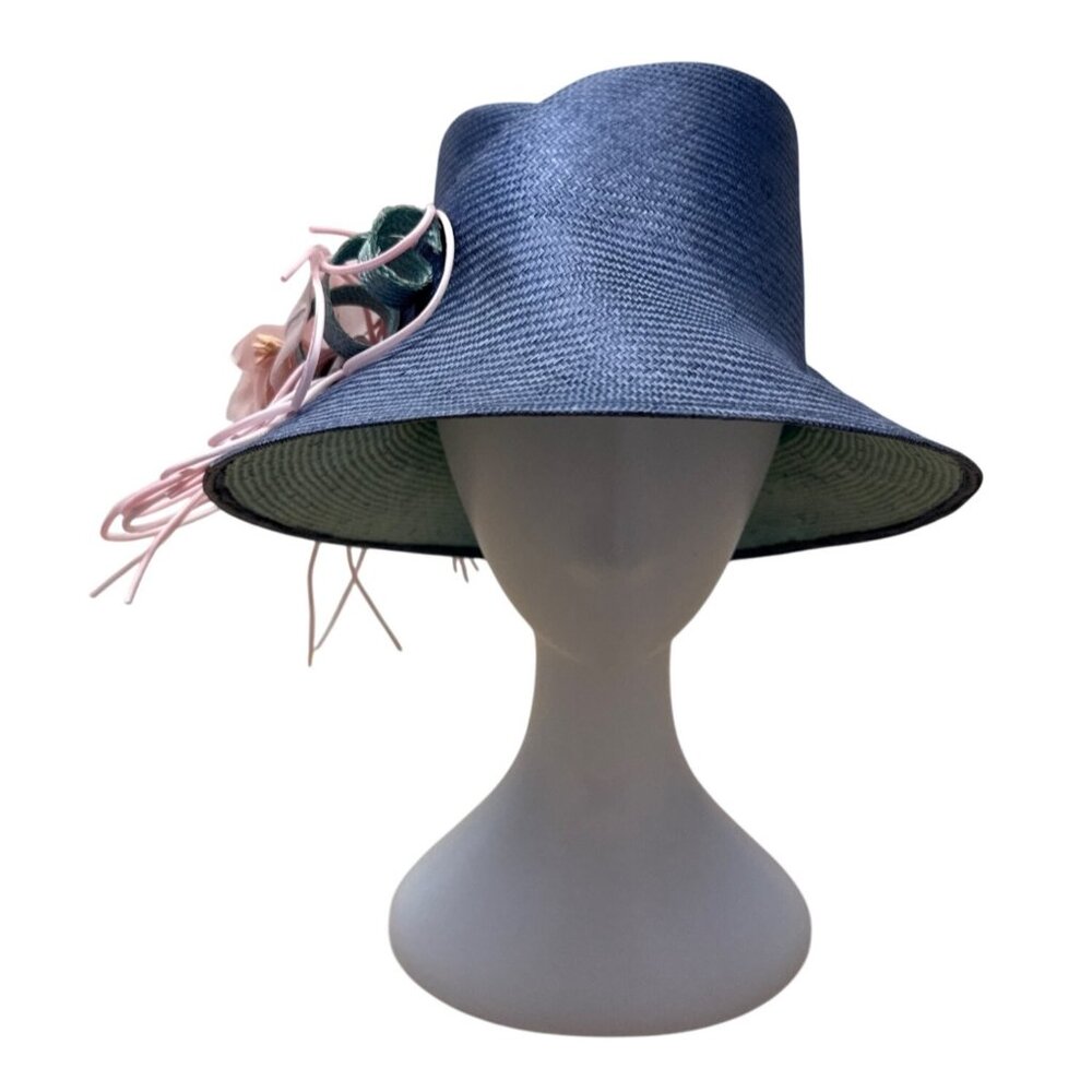 Vtg Nordstrom Blue Straw Hat W/ Pink Floral Accent & Green Ribbon Embellishment